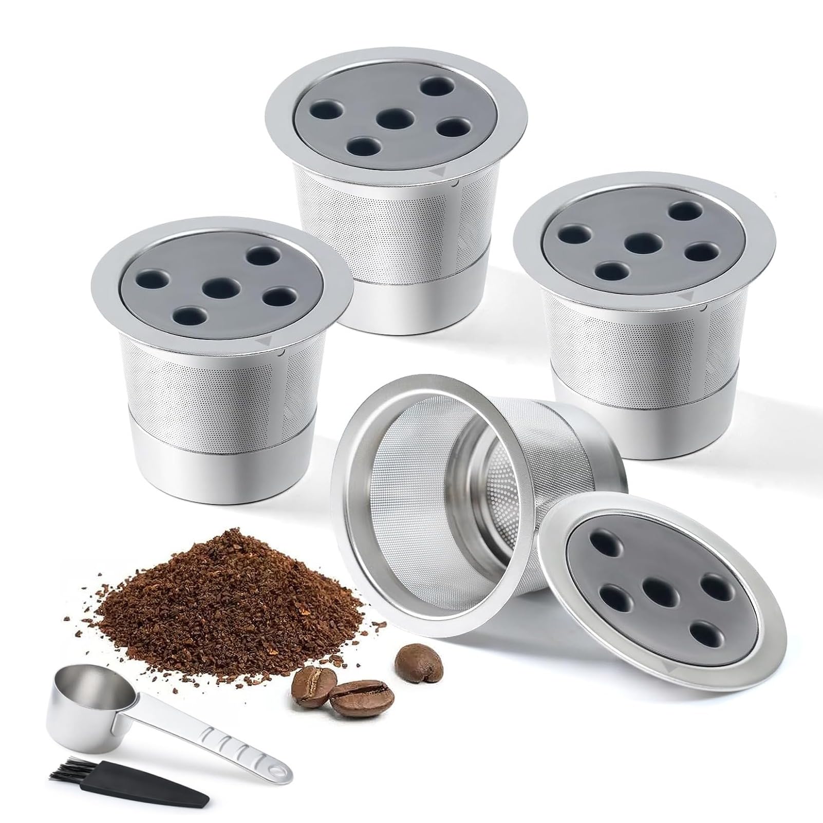 Paquete de 4 tazas K reutilizables de acero inoxidable para K eurig Supreme & Supreme Plus, filtro de cápsulas de café K-eurig universal de cinco agujeros reutilizable recargable