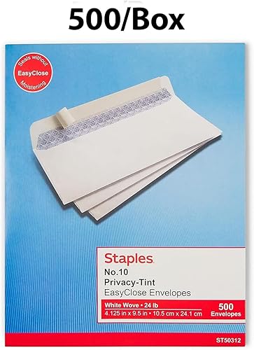 Miniatura 4 de Staples Sobres comerciales #10, QuickStrip EasyClose Peel & Seal, tintados de seguridad, 9.5 x 4.125 pulgadas, paquete de 500, color blanco