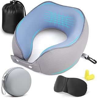 lompyeu Nackenkissen Flugzeug,Nackenhörnchen Erwachsene,Verstellbares Reisekopfkissen Reise,Reisekissen Flugzeug Memory Foam,Ergonomisches Design,mit Aufbewahrungstasche,Augenmaske und Ohrstöpseln