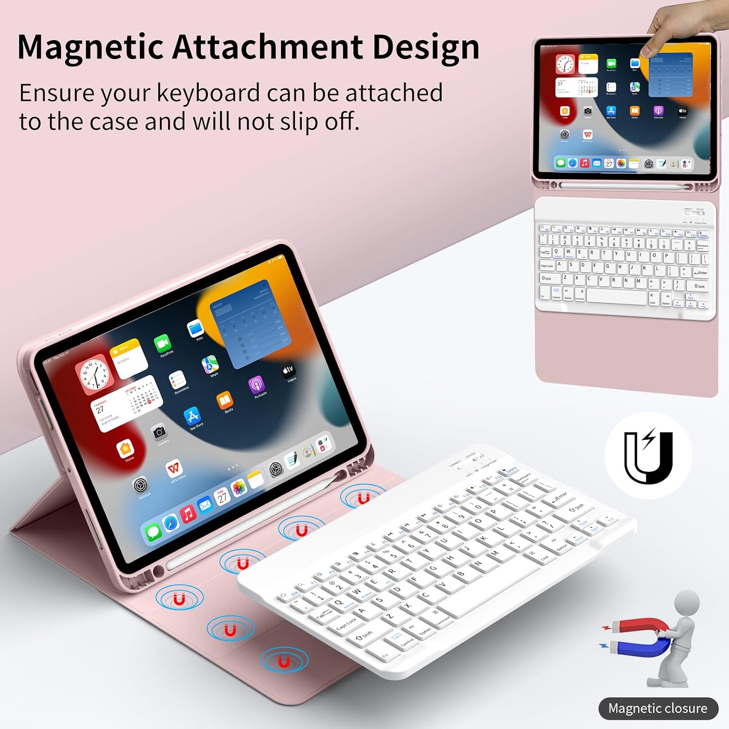 Keyboard Case for iPad (A16) 11th Gen 11 inch 2025 & iPad 10th Gen 10.9 inch 2022 with Holder | Detachable Bluetooth Wireless Keyboard | Soft TPU Back Shell | Auto Sleep/Wake(Chalk Pink
