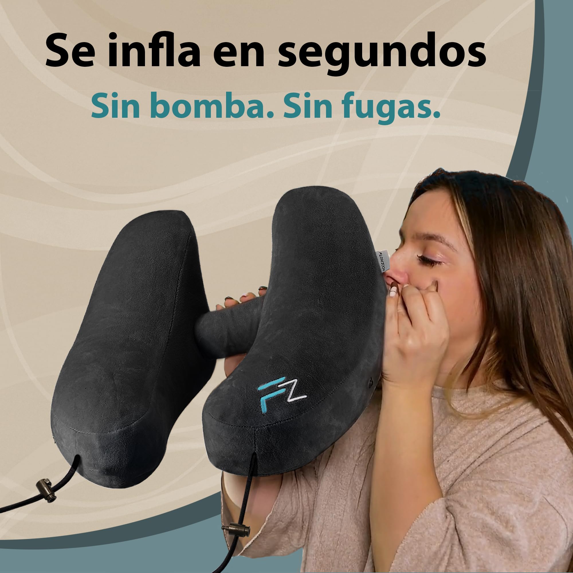 FLOWZOOM Almohada de Viaje Hinchable para Mujeres - Cojín de Cuello con Capucha de Felpa para Máxima Privacidad y Confort Avión, Tren y Coche - Talla M - Negro