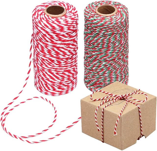 ENTHUR 2 Rolls 200m/ 656 feet Red White Green Christmas Twine Cotton String, Perfect for Baking, Butchers, DIY Arts Crafts Wrapping