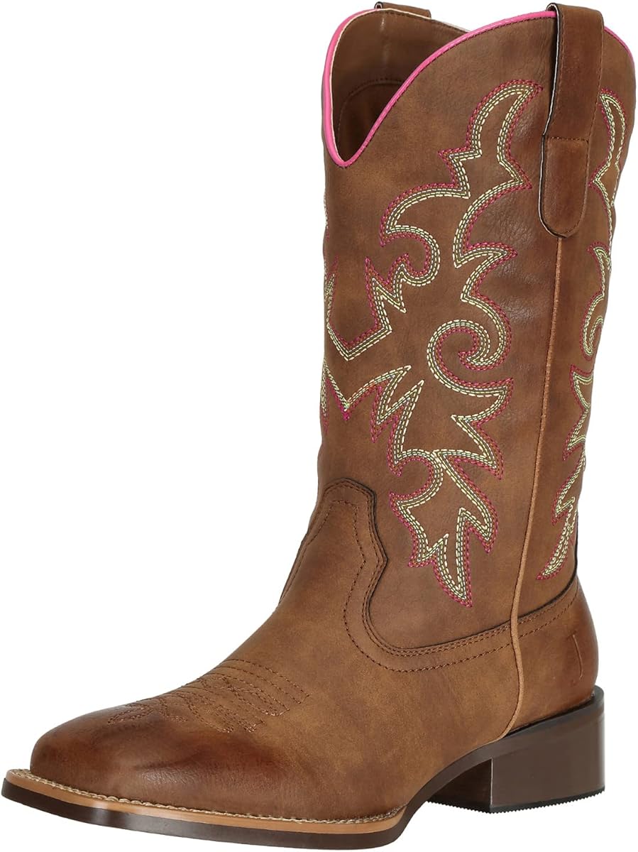 Amazon.com | J's.o.l.e Fashion Cowboy Boots for Women Square Toe Wide Mid Calf Western Cowgirl Boots Brown US Size 8 | Mid-Calf