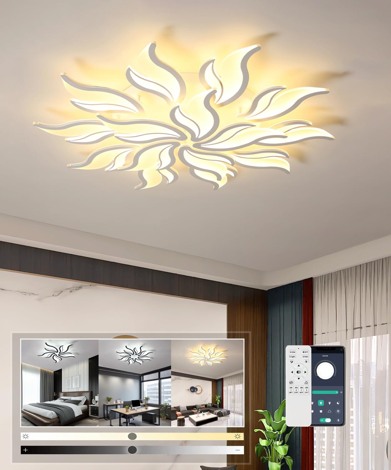 Modern LED Ceiling Light Dimmable Living Room Ceiling Lamp with Remote Control Chandelier 80W 3000K-6500K Flower Shape Ceiling Lights for Bedroom Dining Room Office (White, 15 Heads)