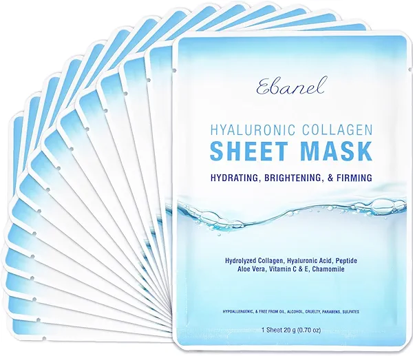 Ebanel 15 Pack Collagen Face Mask with Hyaluronic Acid, Vitamin C, Peptide, Aloe, Instant Brightening Hydrating Face Masks Skincare Korean Sheet Mask, Skin Firming, Lifting Anti Aging Facial Masks