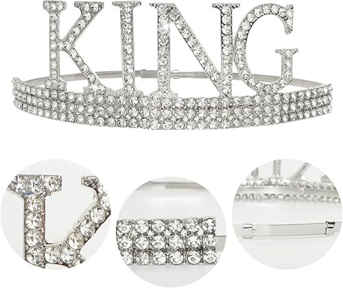 Miniatura 4 de Heliltd Corona de cumpleaños plateada, corona de rey de cumpleaños y cinta de cumpleaños, corona y banda ajustable para hombres, juego de regalo de
