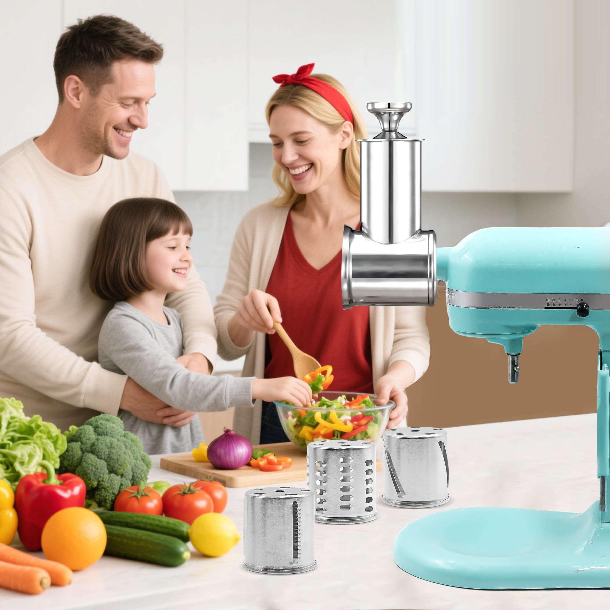 Edelstahl Slicer Shredder für KitchenAid Mixer Aufsatz Gemüse & Käsereibe Aufsatz mit 4 Klingen (fein, mittel, grob, Hobel), mit Knauf, spülmaschinenfest, Haltbarkeit