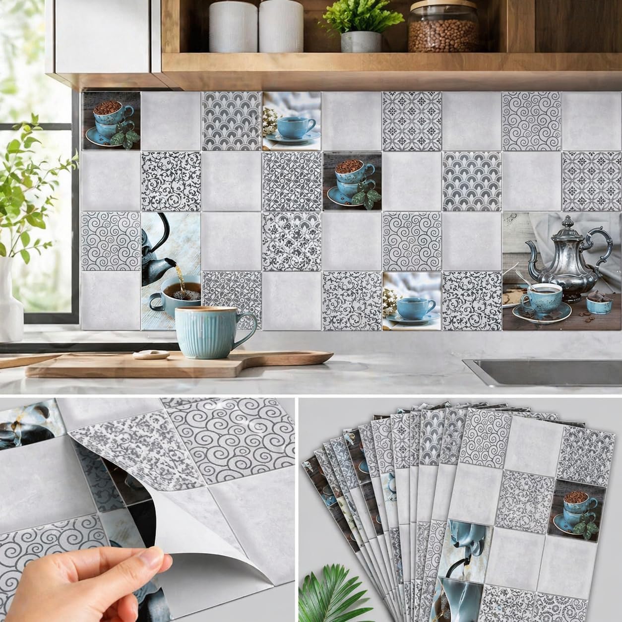 Kitchen Wallpaper Tiles Sticker 12x18 Inch (Pack of 12) Self Adhesive Waterproof Oil Proof Wall Stickers for Kitchen Backsplash Decoration Heat Resistant PVC Wall Paper Tiles Design Kitchen Decor