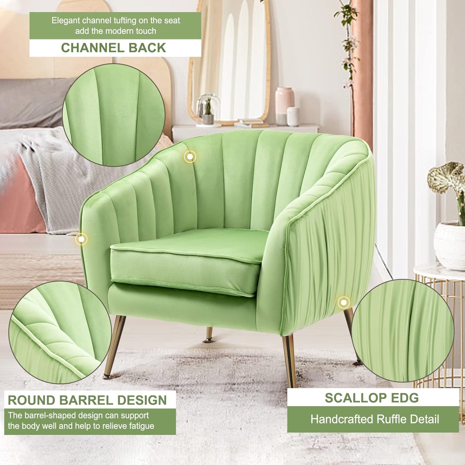 Velvet Accent Sofa Chair with Ottoman, Comfy Living Room Chairs with Adjustable Legs, Modern Upholstered Tufted Lounge Barrel Chair Ottoman Set for Bedroom, Home, Office (Grass Green)