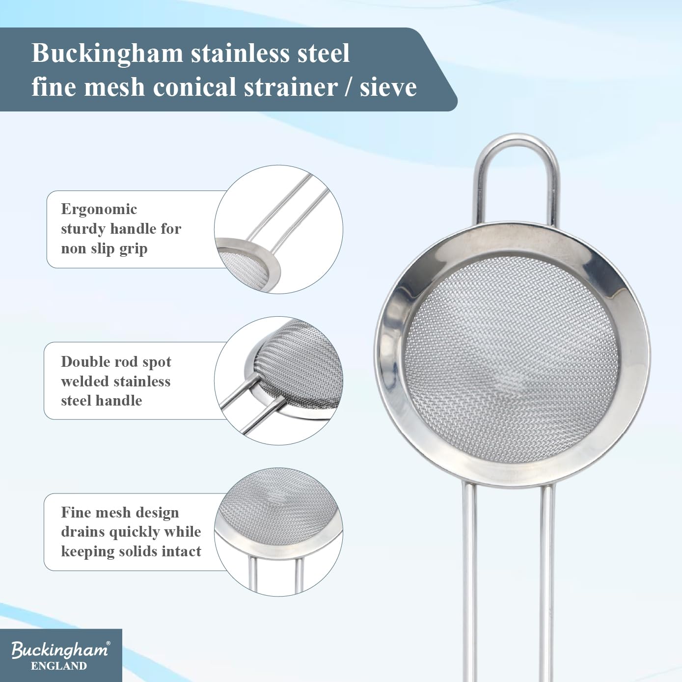Buckingham Edelstahl feinmaschig konisch Sieb Sieb zum Backen - Rostfrei, Spülmaschinenfest (8cm)