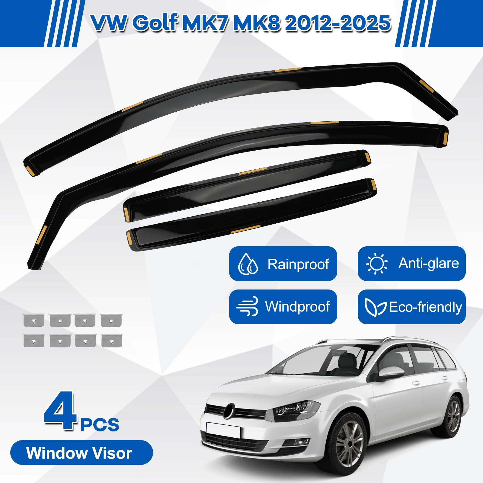 Deflector de Viento Deflector de Aire Compatible con VW Golf MK7 MK8 2012-2025 Deflectores de Lluvia para Ventanas Laterales con Clip Fijo - 4 Piezas