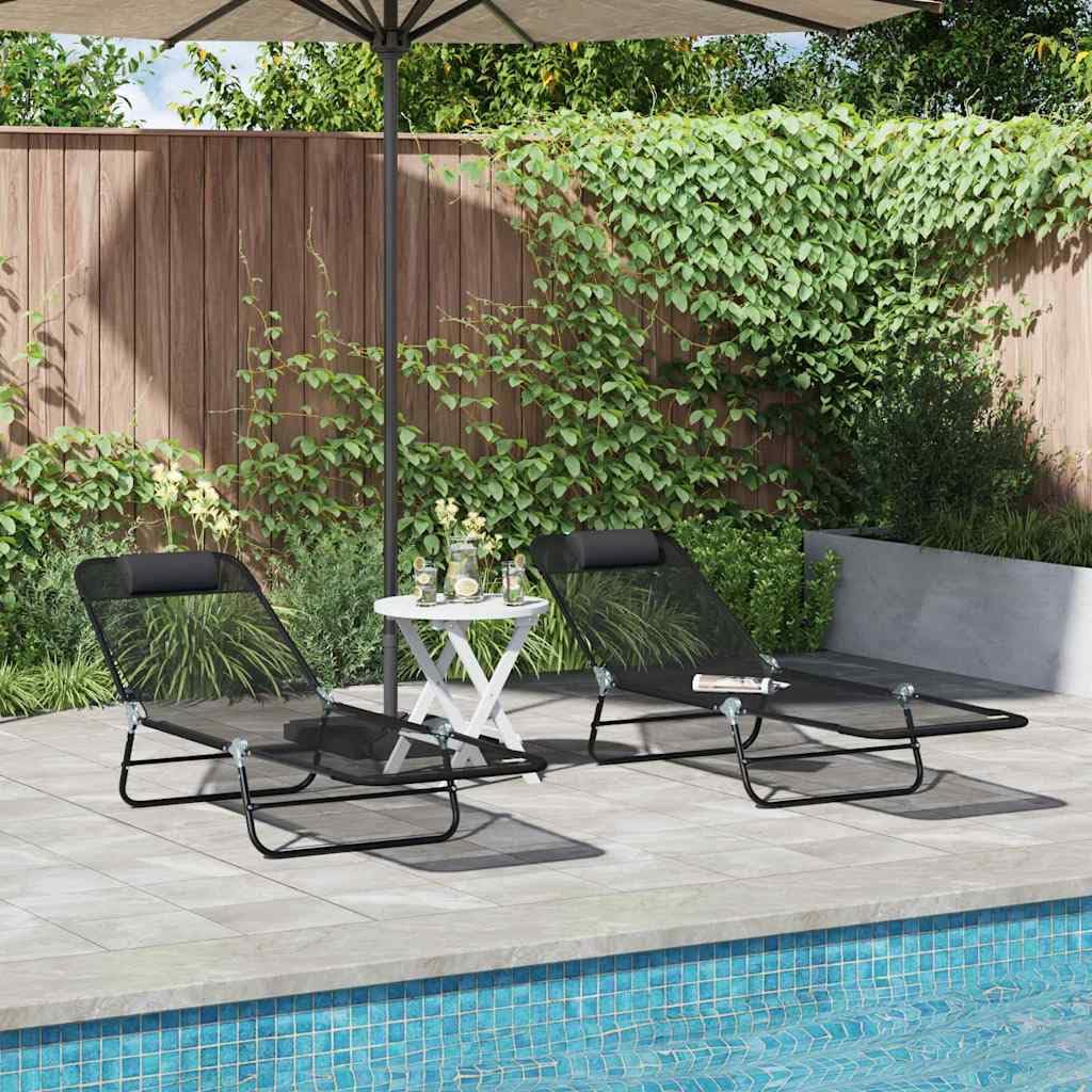 Składany leżak do opalania, zestaw 2 szt., czarny, 182 x 55 x 85,5 cm, leżak ogrodowy z regulowanym oparciem, na taras, balkon, basen, plażę, kemping, wellness