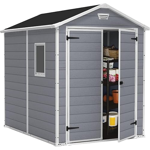 6x8 Foot All Weather Garden Tool Outdoor Storage Shed with Lockable Double Doors, Fixed Window and Wood-Look Resin Walls, for Backyard, Lawn, Patio, Garden, Home, Pool，Grey