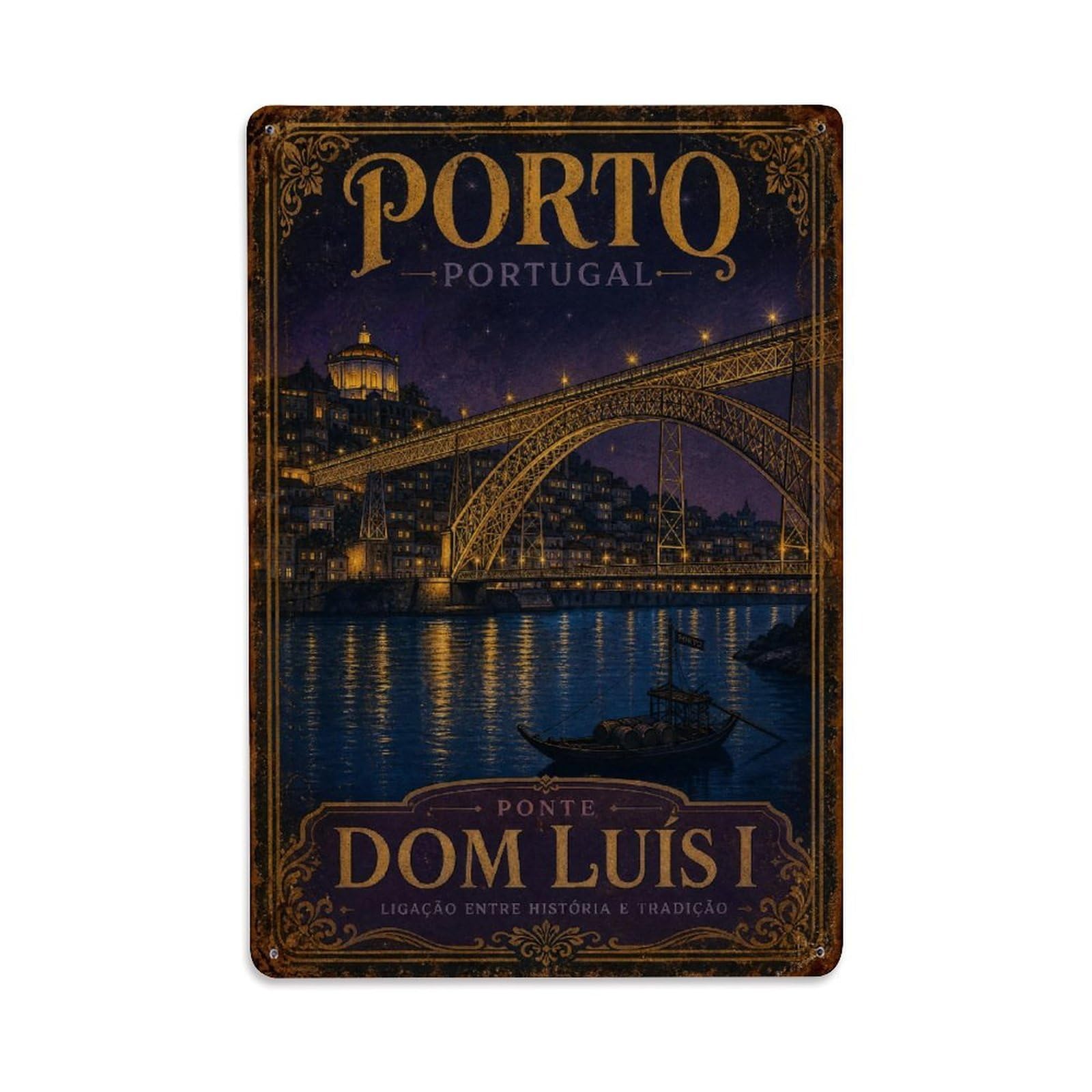 Huiyhb 8X12inch(20X30cm) Vintage Travel Dom Luis Bridge Night Illuminated Portugal Metal Tin Sign