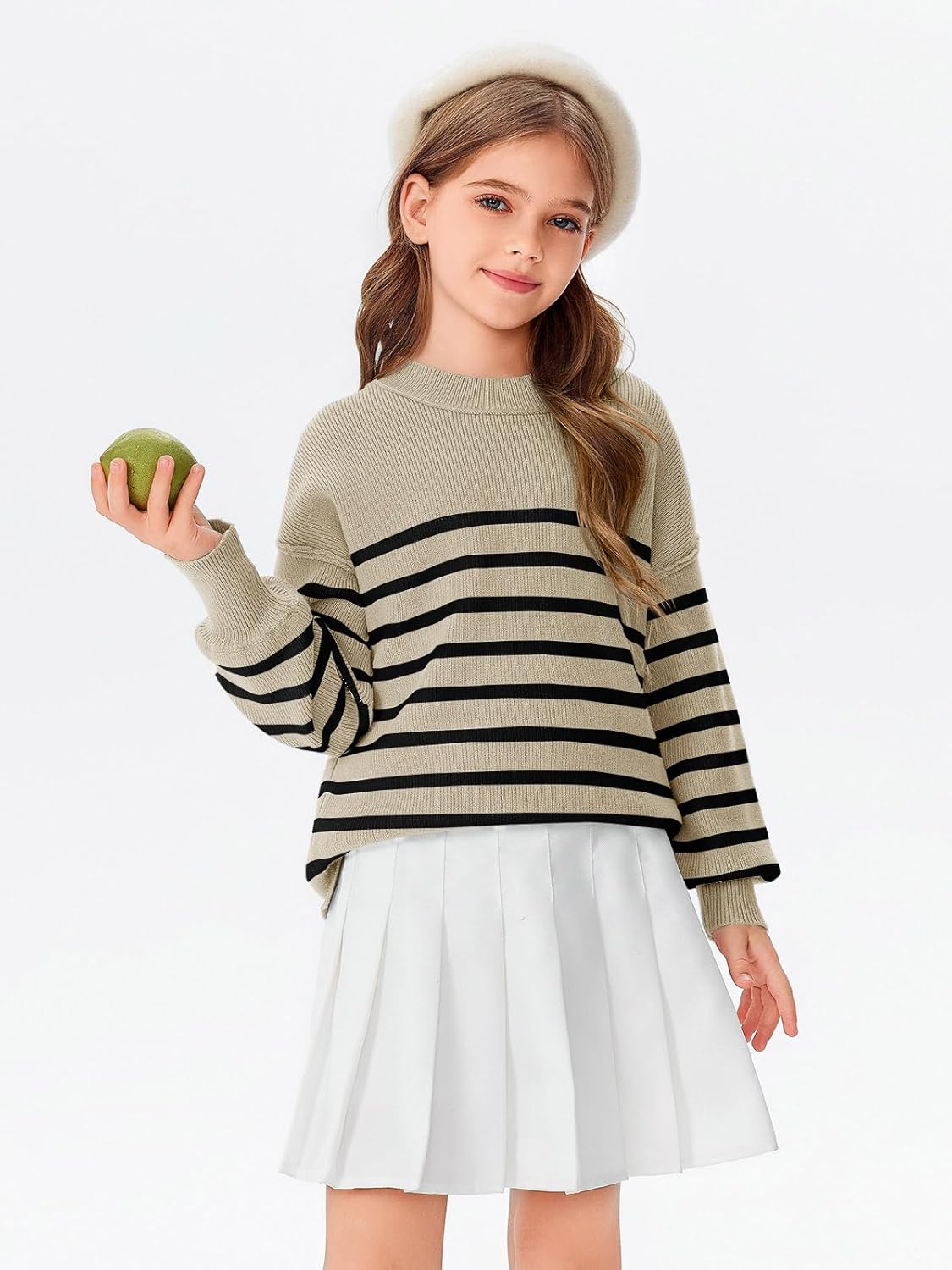 Girls Striped Oversized Sweaters Fashion Batwing Sleeve Side Slit Knit Pullover Clothes 5-14 Years - Image 5