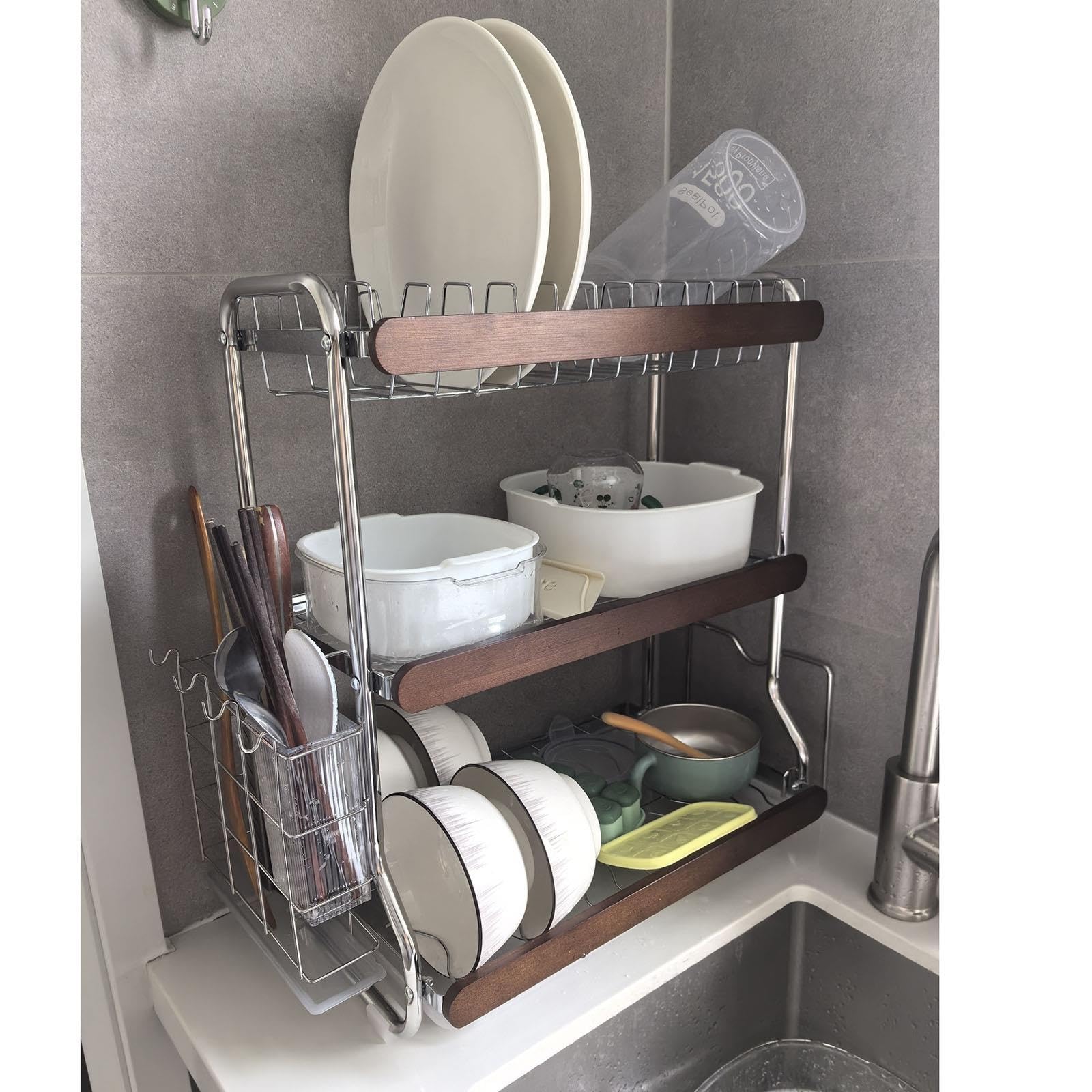Escurridor de cocina de acero inoxidable, diseño que ahorra espacio para secar platos, cubiertos y utensilios, duradero y resistente al óxido, fácil de limpiar, cabe en encimeras