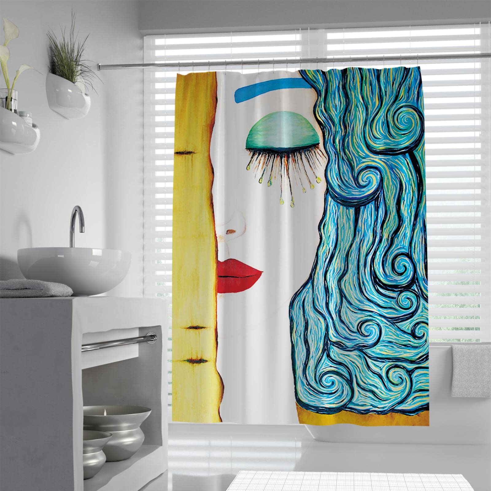 Conjuntos de Cortinas de Ducha de baño de Mujer de Cabello Azul con 12 Ganchos de poliéster Impermeable a máquina Lavable Cortina de Ducha de habitación húmeda W200xL180cm
