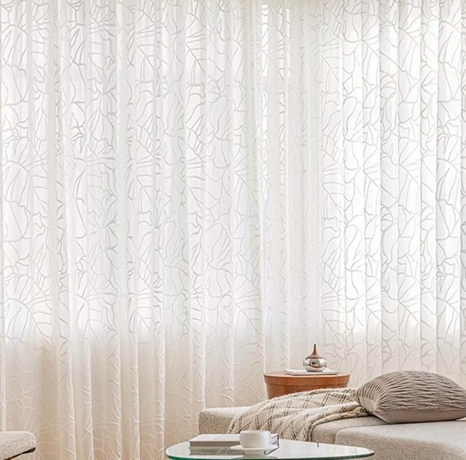 Zasłona okienna kuchnia, nowoczesne zasłony do salonu biały wzór liści mieszanka poliestru i bawełny zestaw 2 szt. 86 W x 183L cm