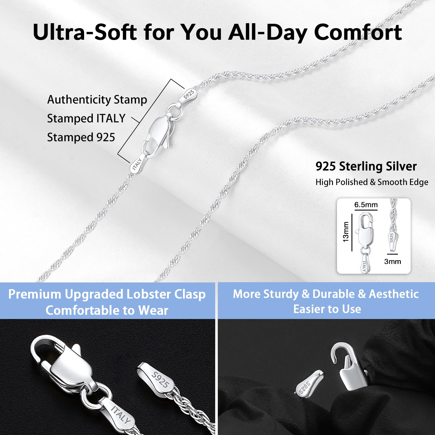 Girluky 1.5mm 2mm Rope Chain 925 Sterling Silver Chain Necklace for Women, Sturdy Durable Women's Chains Necklace, 16 18 20 22 24 26 Inch - 4