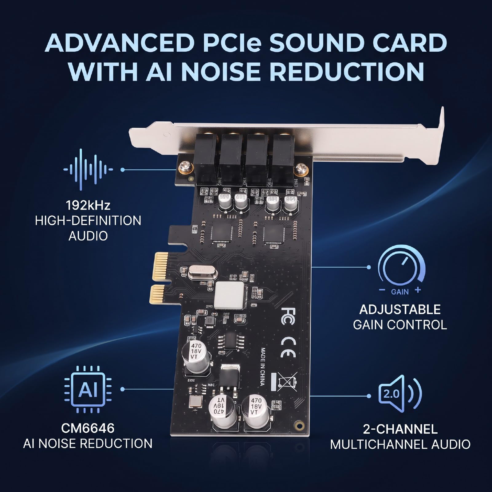 Carte Son PCIe avec Réduction du Bruit AI, 2 Canaux CM6646