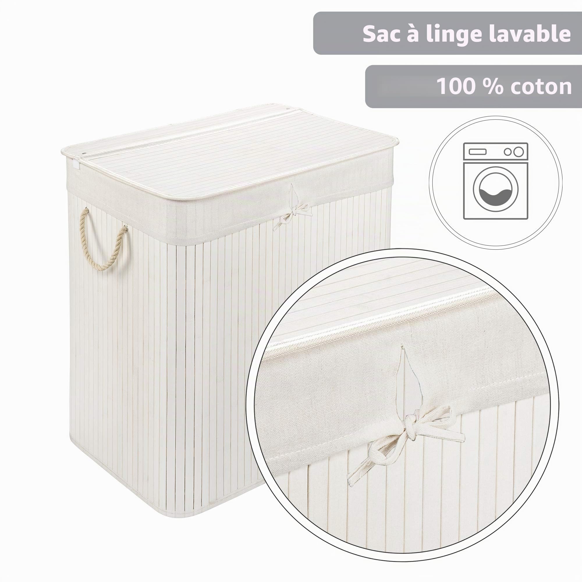 PANA®ECO Panier à linge en bambou avec couvercle (104 L) • Bac à linge avec sac amovible • Corbeille à linge pliable • Coffre à linge salle de bain • 100% bambou • Couleur : Blanc (52x32x63 cm)