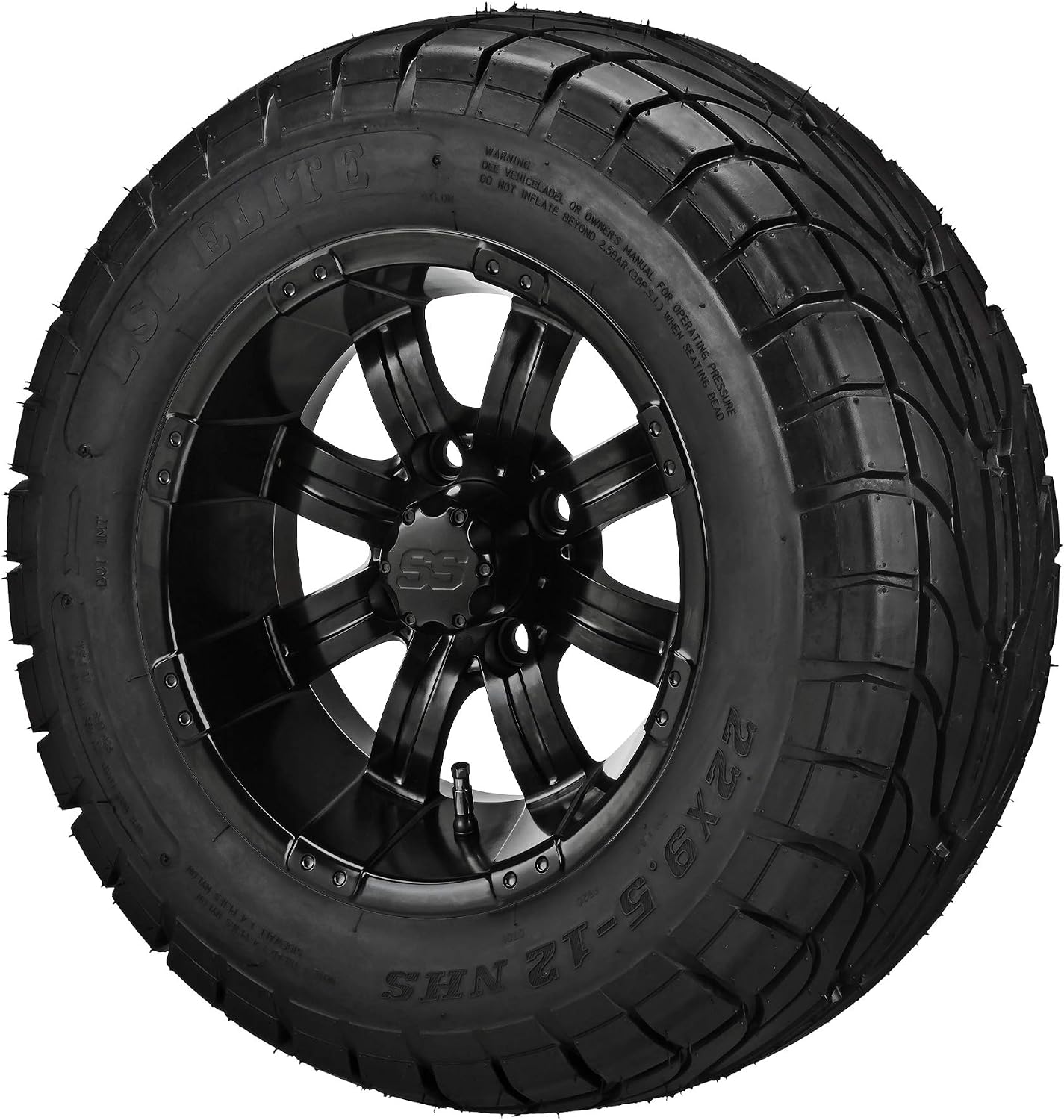 RM Cart 12" Casino Matte Black on 22x9.50-12 Street Tire Tires (Set of 4) | Golf Cart Tires and Wheels Combo with Standard Lug Nuts