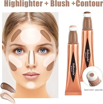 blush Liquid 3PCS Cream, Highlighter Makeup, Contour Stick & Wand, Waterproof Bronzer Stick, Pink Blusher for Cheeks & Eyeshadow (01+04+06)