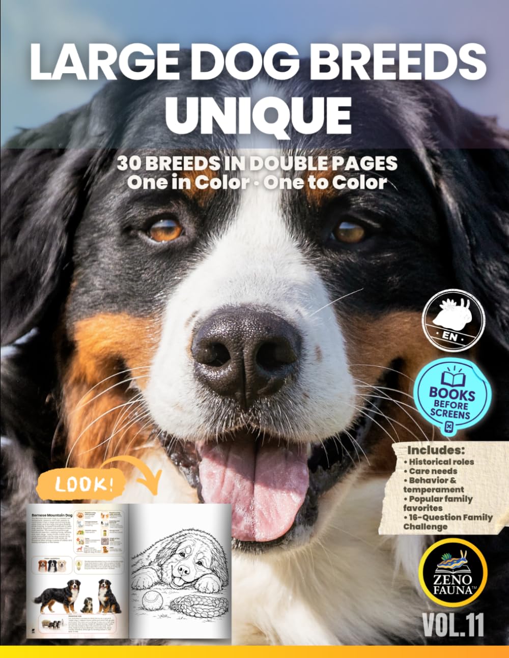 Dogs: Large Dog Breeds – Unique: 30 Breeds in Double Pages | One in Color and One to Color (Unique Animals)