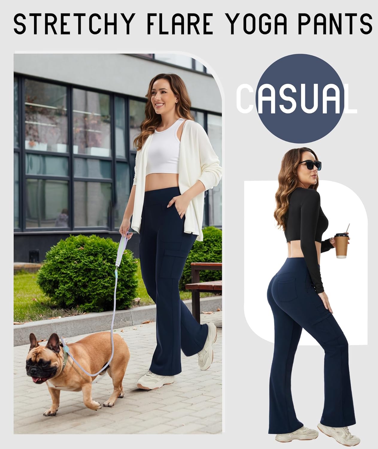 LXP Yoga Flare Leggings for Women high Waisted Stretchy Lightweight Cargo Work Pants with 7 Pockets for Workout,Travel Wear,Navy,M - Image 6