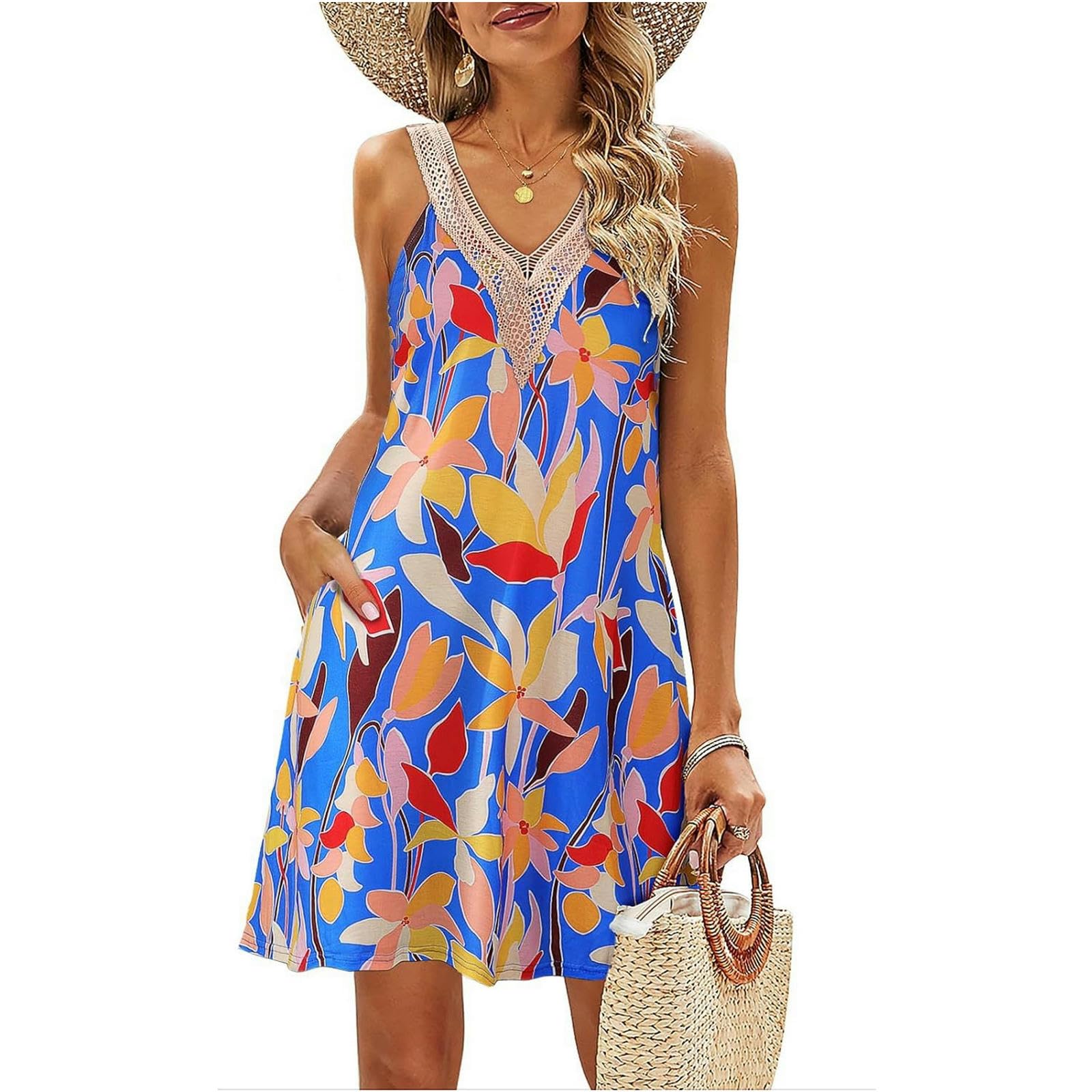 Vestidos de Verano Vestidos de Verano Vestidos de Flores de Verano sin Mangas Vestidos de Flores de Cuello V Vestidos de Flores de Cintura Alta Vestidos de Vacaciones de Verano Vestidos de Sol de Fie