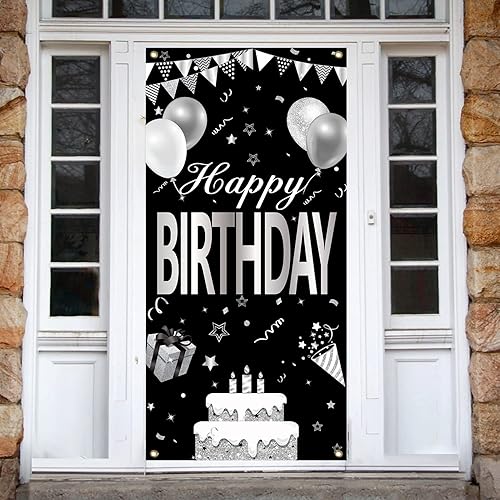 Miniatura 4 de Cartel de feliz cumpleaños negro y blanco plateado para hombres y mujeres, cubierta de puerta de feliz cumpleaños, suministros de fiesta, póster de
