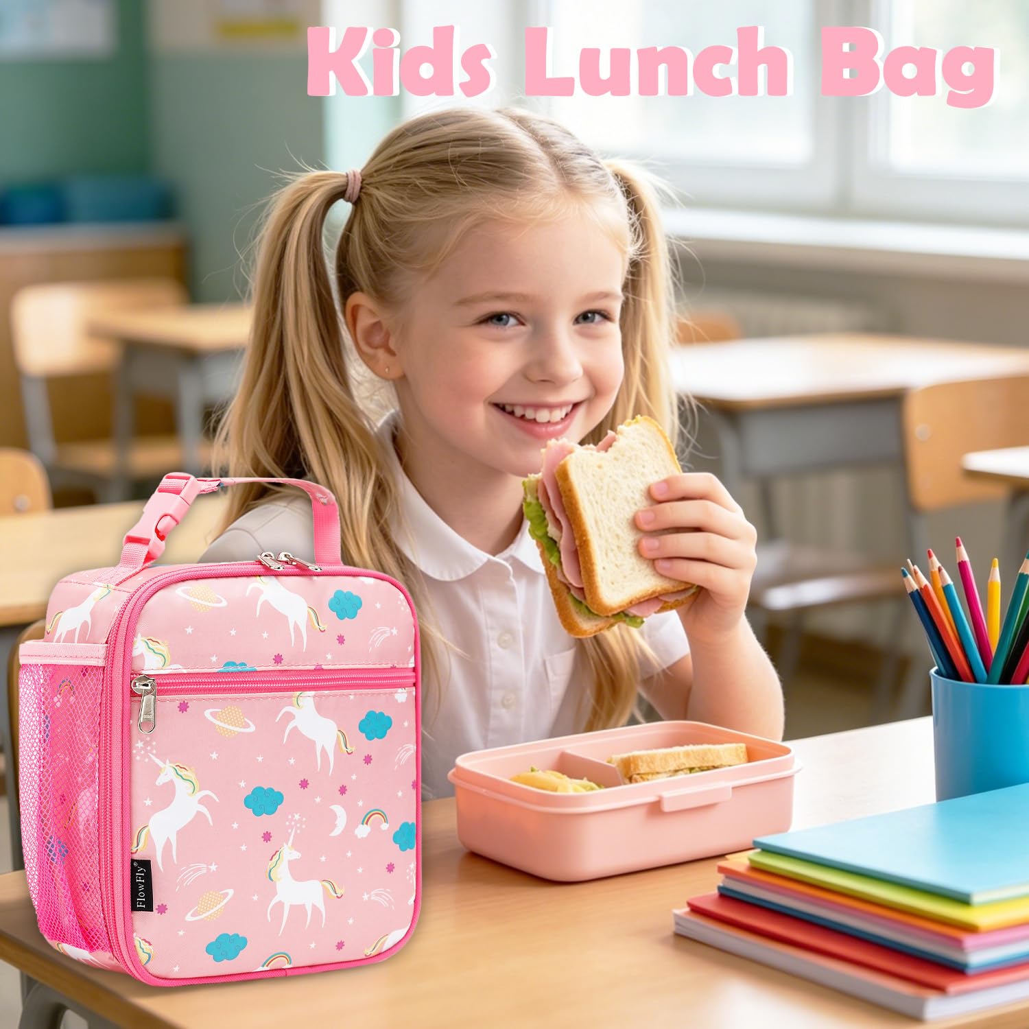 FlowFly Sac à déjeuner isotherme souple pour enfants - Pour la rentrée scolaire - Pour filles, garçons, licorne