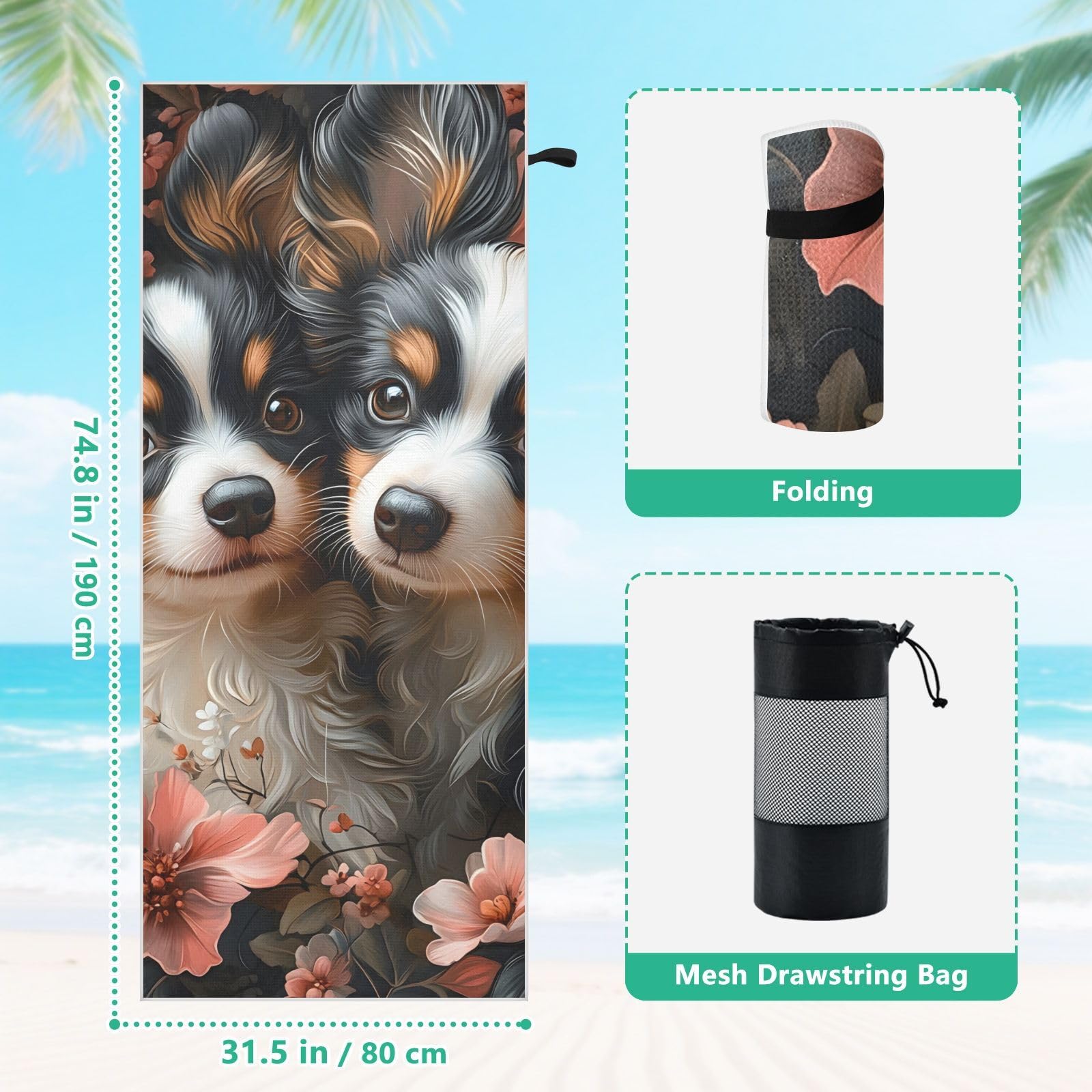 Toallas de playa grandes con bolsas de malla para adultos, toalla de baño de dos perros Papillon con cierre magnético, toalla absorbente de secado rápido para piscina, camping y viajes, 190 x 80