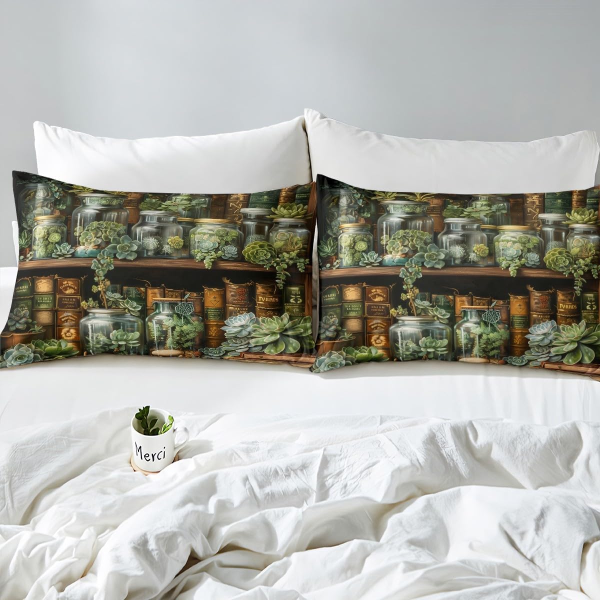 Botanical Plant Full Size Fitted Sheet,Vintage Brown Bookshelf Magical Books 3 Pieces Kids Teenager Room Decor Natural Green Leaves Potted Plants Pocket 2 Pillowcases