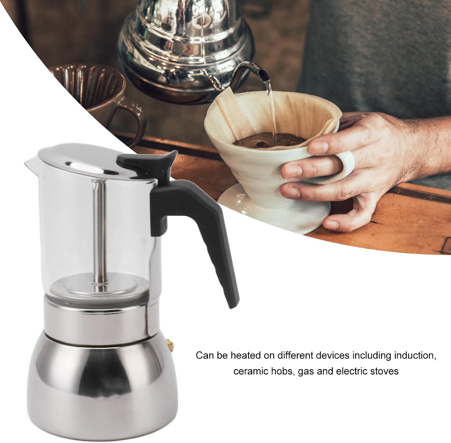 CHICIRIS Stainless Steel Espresso Maker, Double Valve Design, Glass Top Coffee Maker, Induction Stovetop Ready, 450ML Capacity, Professional Use for Home Kitchen and Coffee Enthusiasts