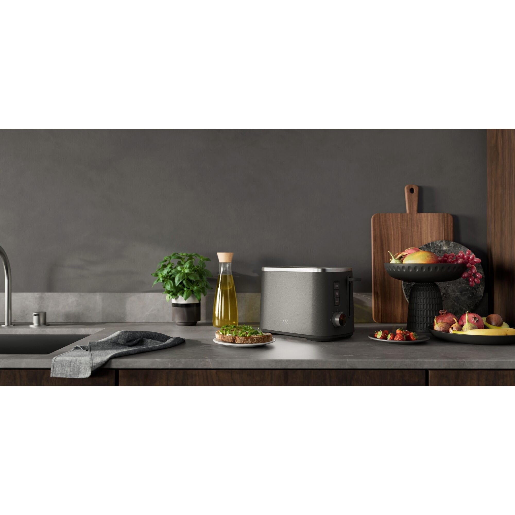AEG Toaster Deli 5, 7 Toasteinstellungen, Countdown-Timer, Stopp-, Auftau-, Aufwärmknopf, Automatische Zentrierung, Cool-Touch-Gehäuse, 2 Breite Schlitze, Krümelschublade, Anthrazit, T5-1-4AN