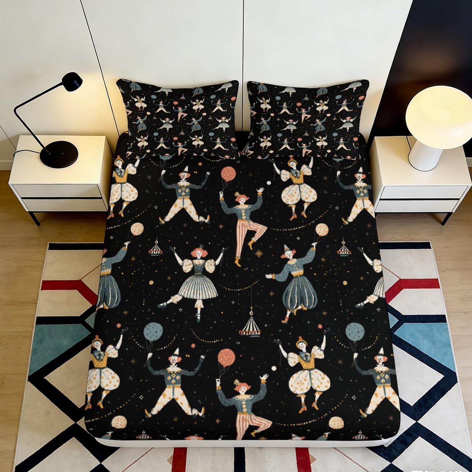 3D Printed Vintage Circus Clown Fitted Sheet Microfiber Soft Bed Cover for Bedroom Guest Room Dorm Decor Protection 90x200x25cm