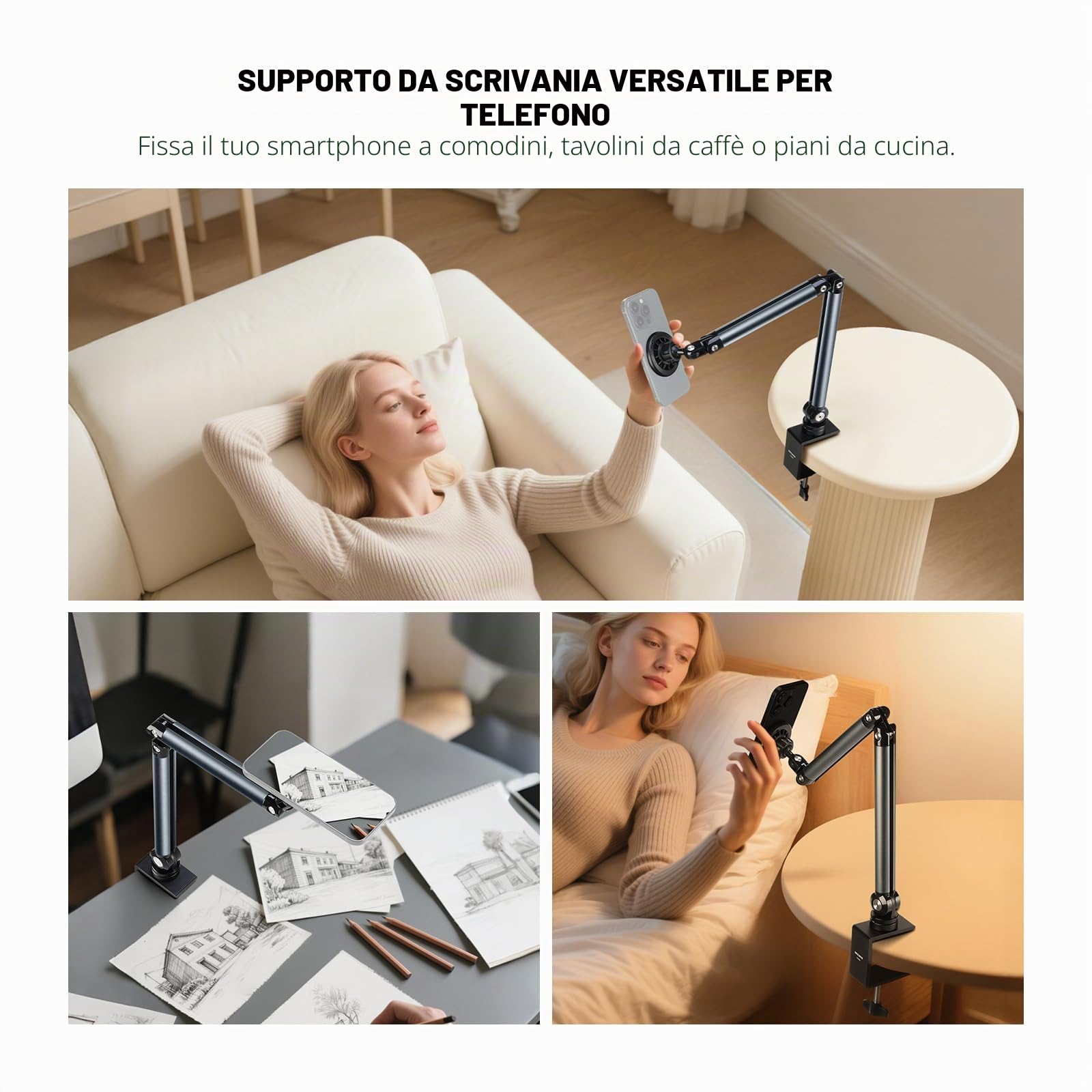 NEEWER BASICS PA089 - Supporto magnetico per telefono cellulare, per scrivania e letto, regolabile in tensione, compatibile con MagSafe iPhone 16, 15 Pro Max Plus, 14, 13, 12, per riprese video