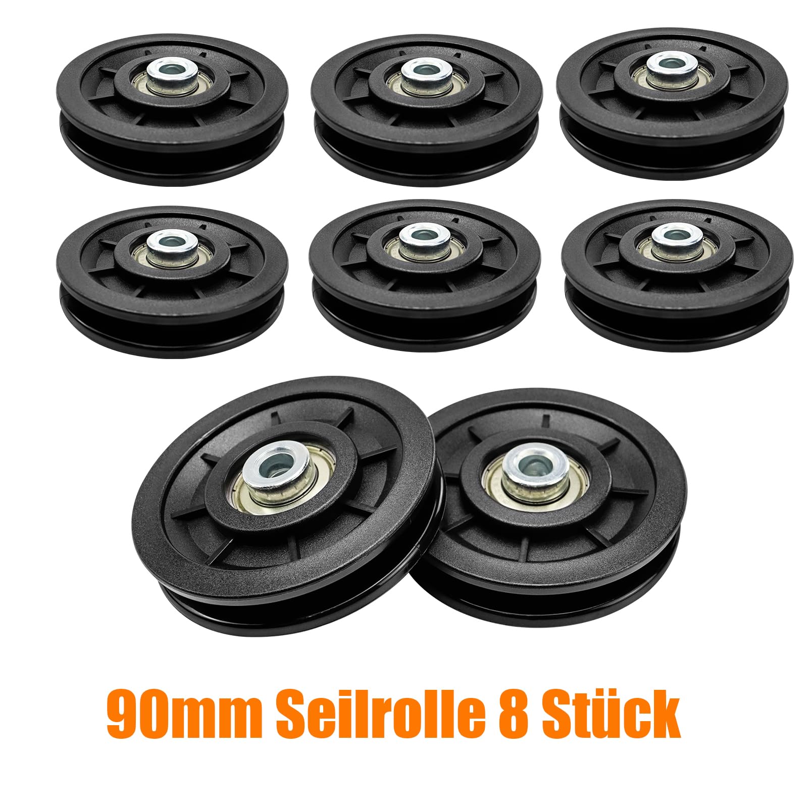 Umlenkrolle 90mm 8 Stück, Nylon Seilrolle Universallager Riemenscheibe, DIY Schwarz Ersatzteil Drahtseilrolle für Gym Fitnessgeräte Kabelmaschine