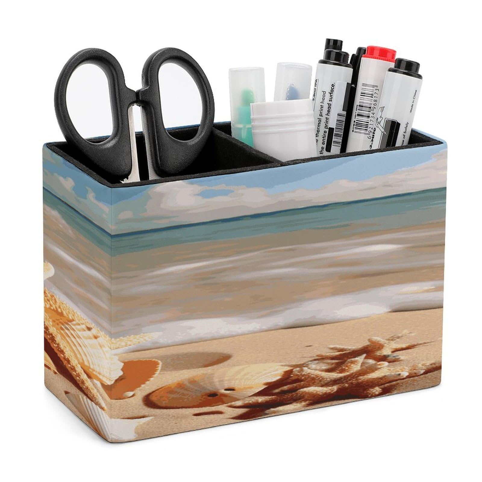 LDGSUPH Seashells Starfish on Beach Leather Pen Holder for Desk Organizer Caddy Large Pencil Cup Multi-function Pencil Holder Makeup Brush Holders Pen Organizer for Home Office Storage Box