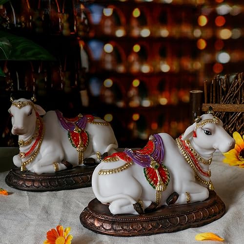 Miniatura 4 de Estatuas hindúes de ídolo de Dios Nandi, 6.6 pulgadas de largo, 2 piezas de figuras de vaca Nandi, artículo de Murti, para la oficina en casa,