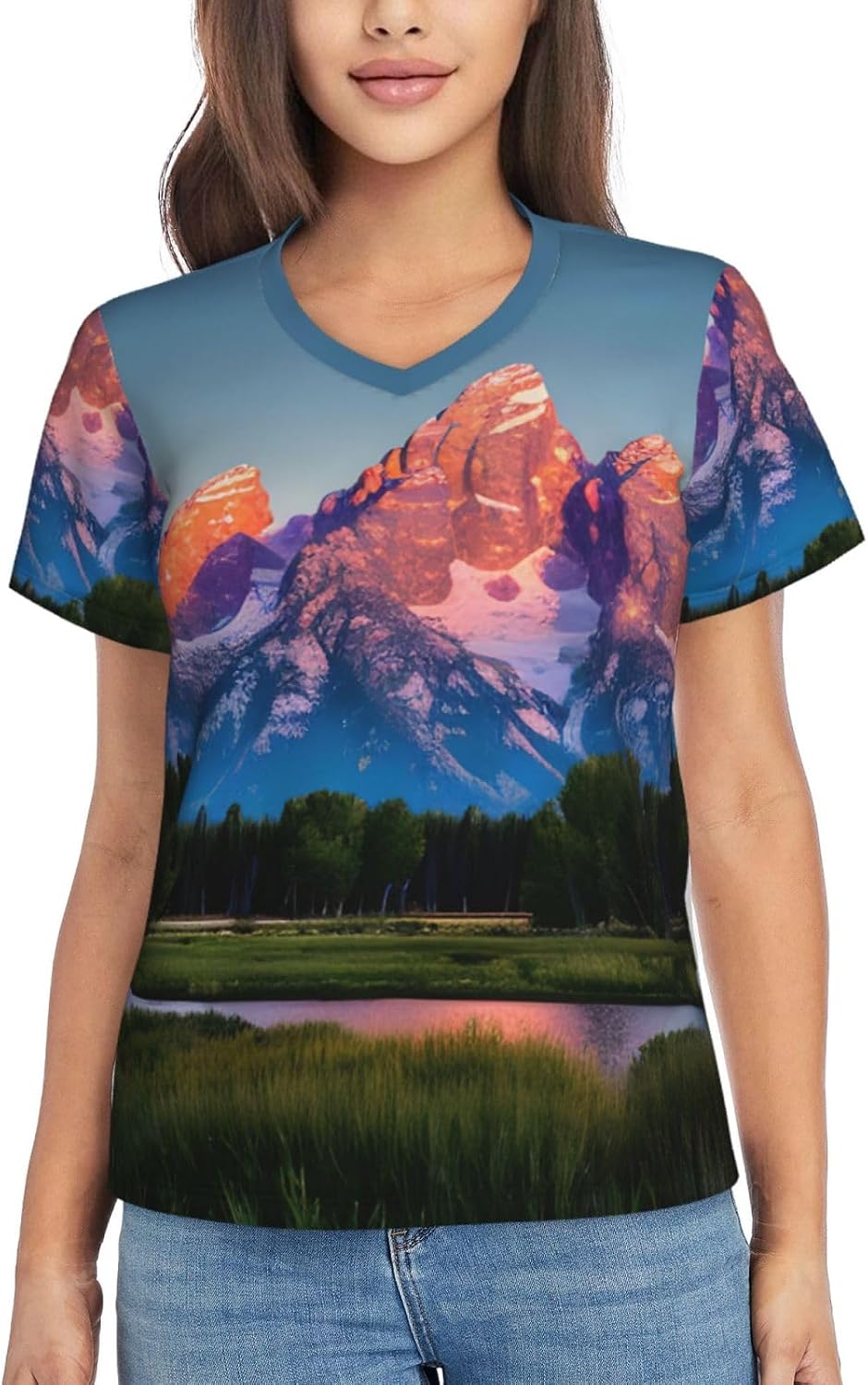 Women Casual Grand Teton National Park Print V-Neck T-Shirt Short Sleeve Summer Trendy Tops. Black