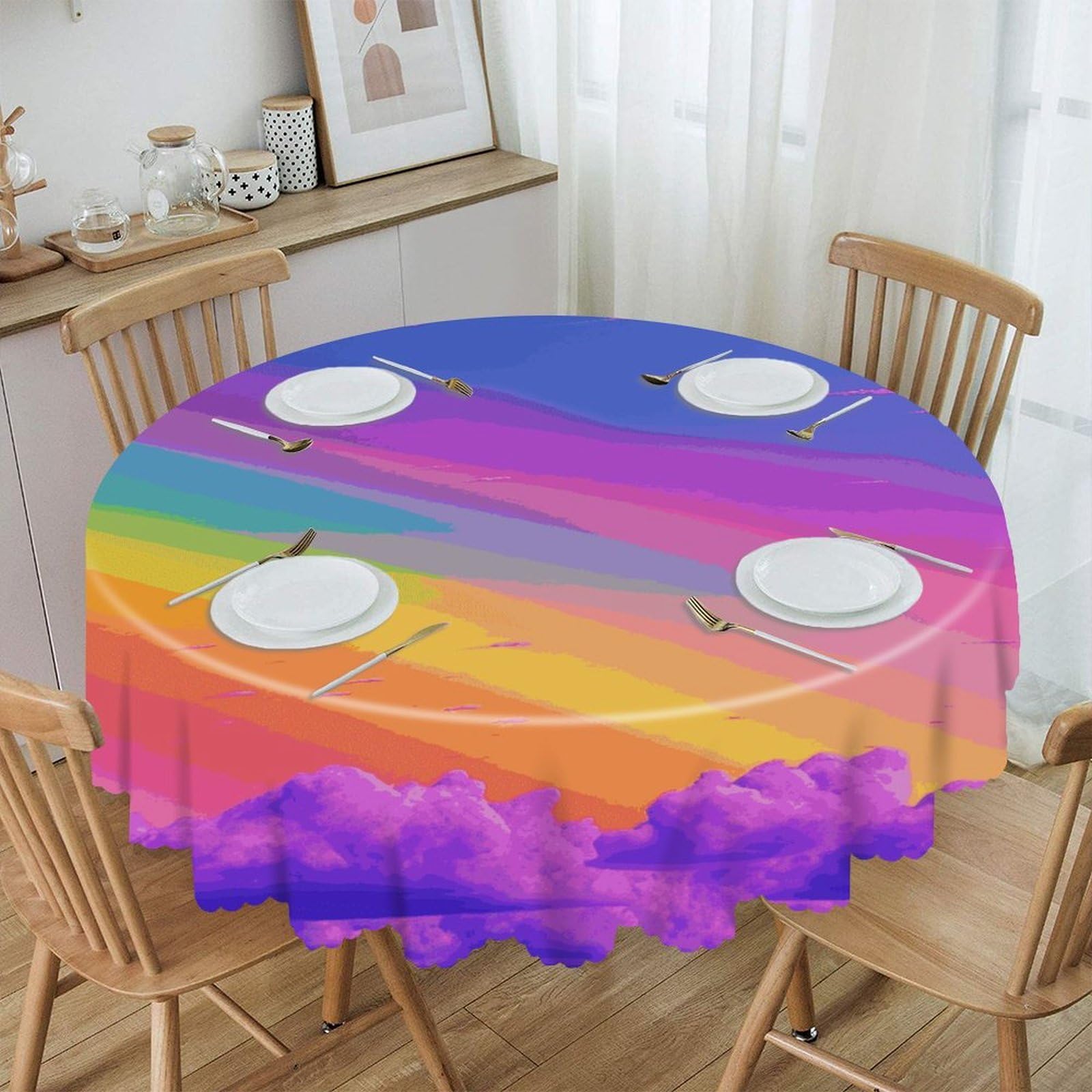 VstaDank Rainbow Aesthetic Round Tablecloth Wipeable Round Polyester Tablecloth Waterproof Wrinkle Free Indoor and Outdoor Table Cover 60 Inch Decorative Farmhouse Table Cloth for Dining