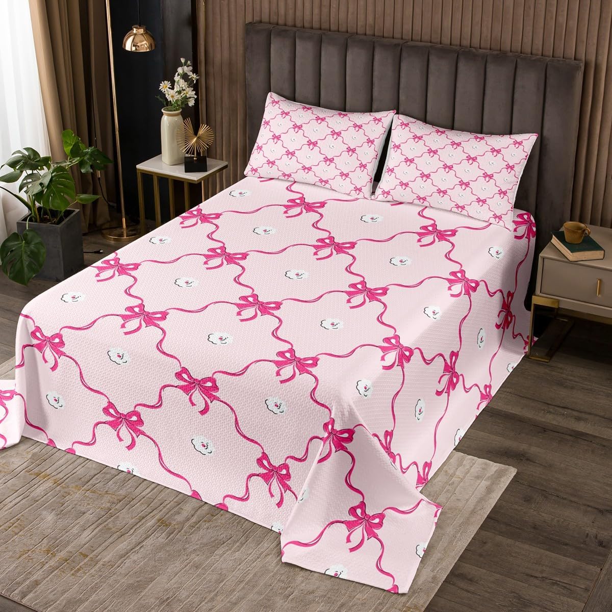 Erosebridal Cute Bow Coverlet Set Twin for Girls,Pink Kawaii Princess Bowknot Kids Bedspread Set White Flowers Ribbon Bow Quilt Set Geometric Plaid Bowknot Bed Set