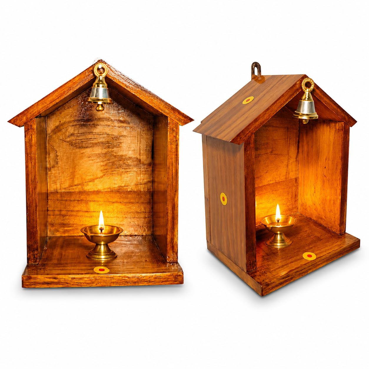Handcrafted 100% Teakwood Diya Stand Brass Bell | Hut Style Wooden Vilakku Madam for Pooja Room | Wall Mounted Wooden Lamp Holder for Home Temple, Diwali & Karthigai Deepam Décor (Pack of 2)-image-2