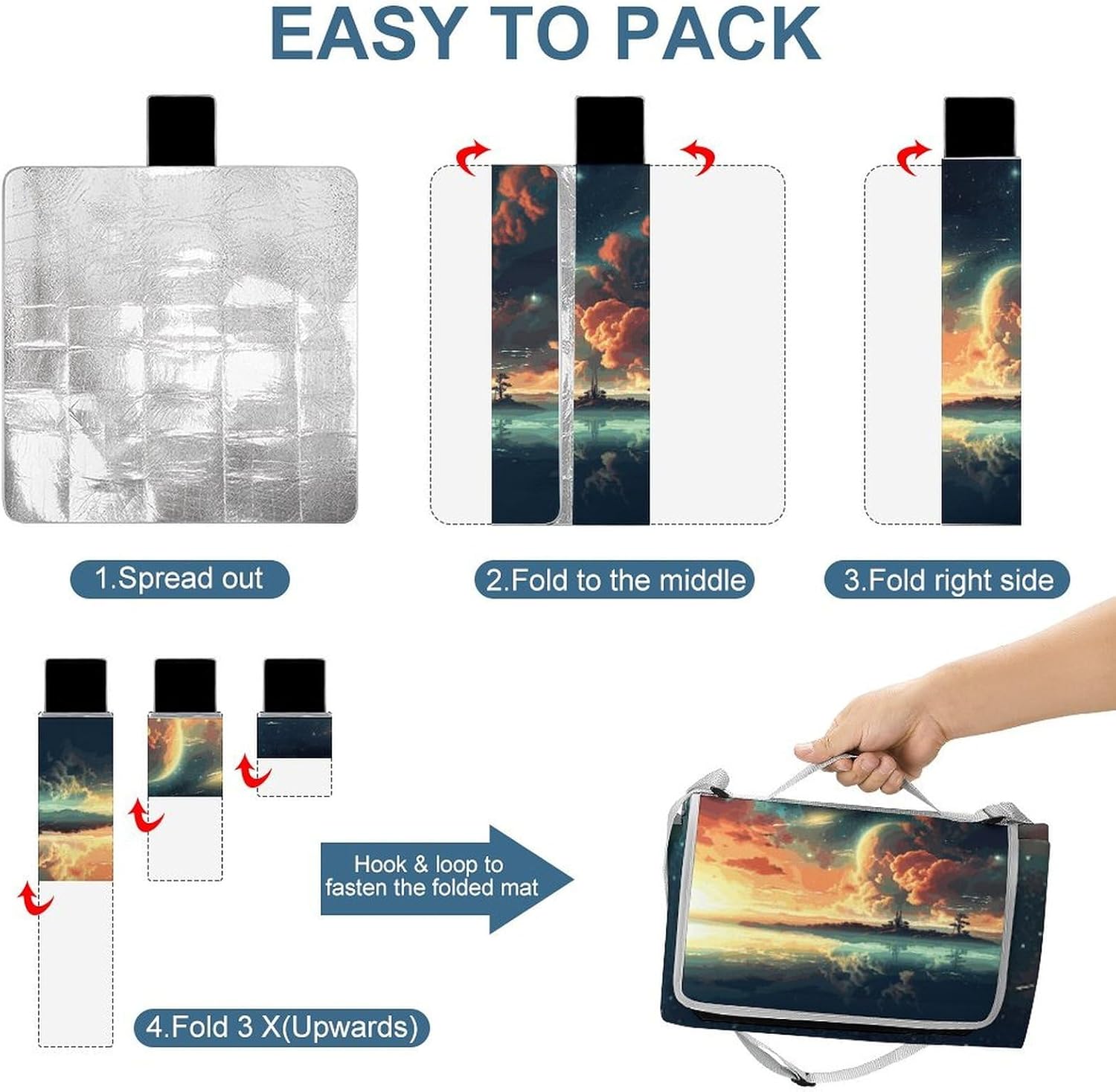 Anime Sky Waterproof Picnic Blanket 58.3''x58.3'',Portable and Foldable Picnic Mat with Handle,Outdoor Blankets for Lawn Park Beach Travel