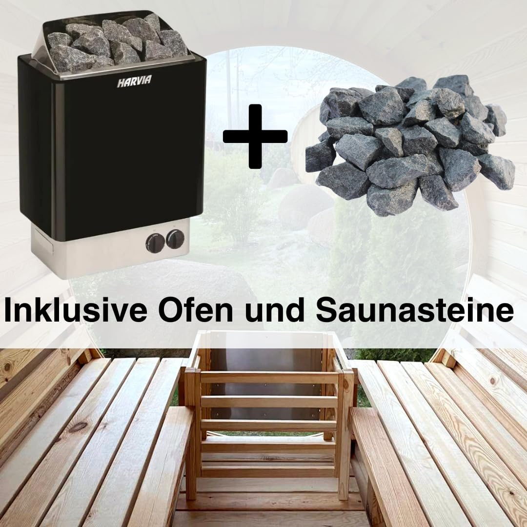 Fasssauna inkl. Ofen und Saunasteine für 1-2 Personen Gartensauna Saunafass Outdoor aus hochwertigem Kiefernholz Außensauna (Mini)