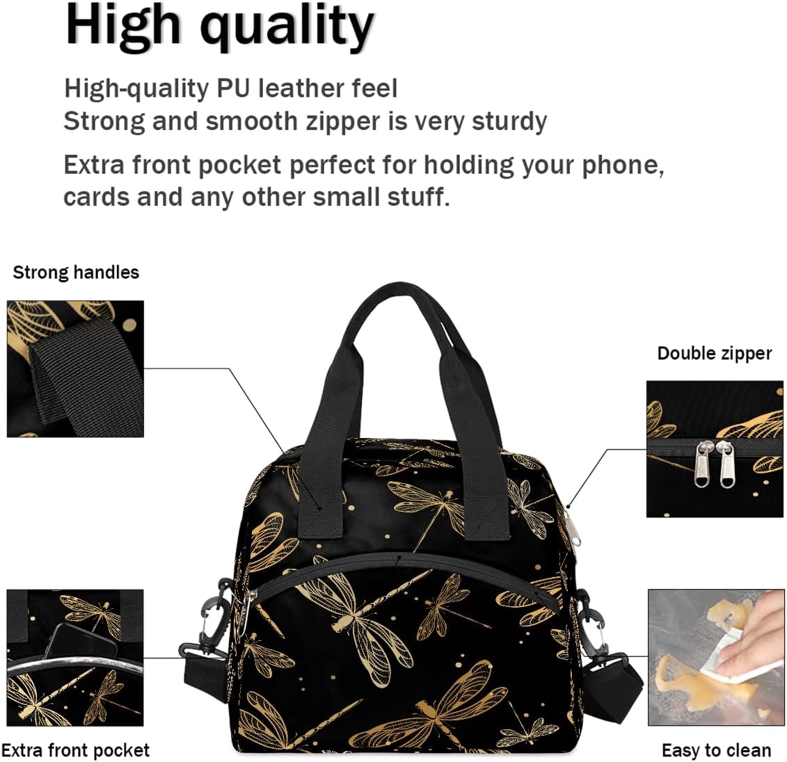 Animal Black Dragonfly Lunch Bag for Women Men Dragonfly Yellow Insulated Large Cooler Box Reusable Meal Prep Bag Waterproof Leakproof Lunch Tote Box for Work Travel Beach Picnic Camping