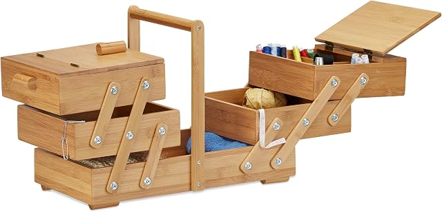 Relaxdays Skrzynka na przybory do szycia z bambusa XXL, wiele przegródek, rozkładana skrzynka na przybory do szycia, bez zawartości, wys. x szer. x gł.: 30 x 44 x 22 cm, kolor naturalny