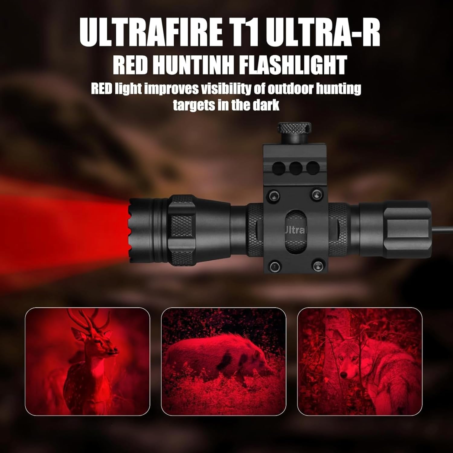 ULTRAFIRE Tactical Red Flashlight, 620nm-630nm High Purity Red LED Hunting Light,Super Bright 218 Yards Long Range Single Mode for Night Observation & Coyote Predator (T1 Ultra-R)